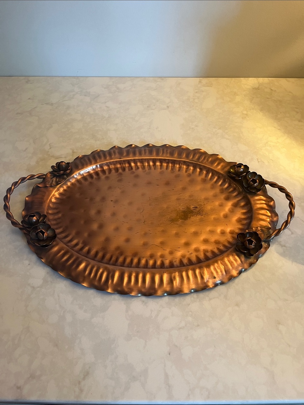 Vintage Gregorian Copper Tray platter with copper roses twisted handles #907